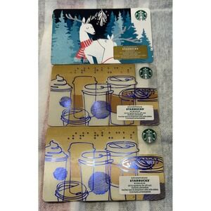 Starbucks Gift Cards Holiday Deer & Braille Coffee Cup Rewards‎ Card Set of 3